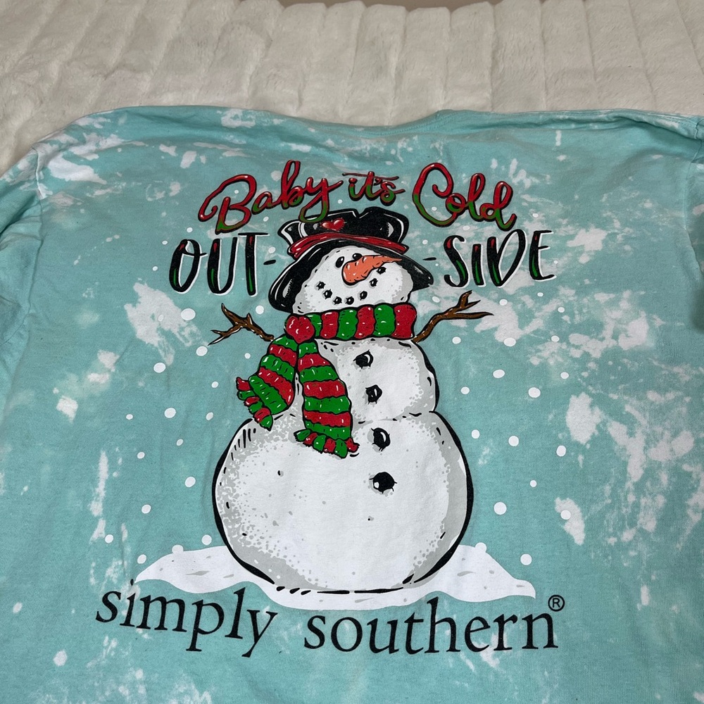 Simply Southern XL Aqua White Baby it’s Cold Outside Bleach Dye Snowman Upcycle